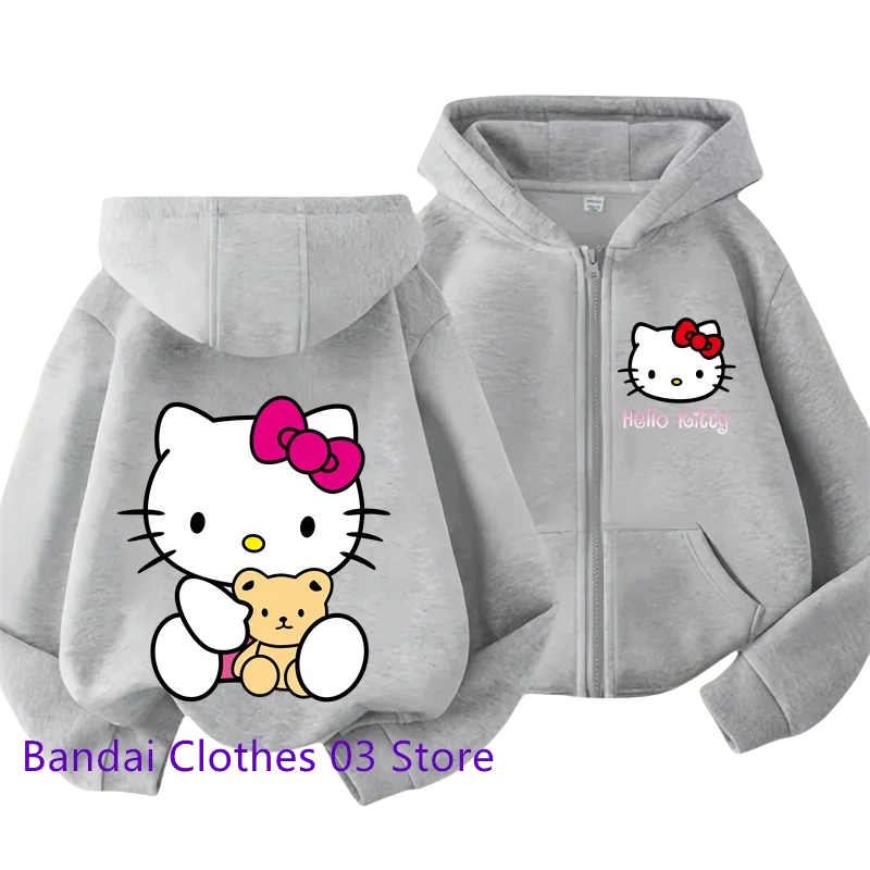 Cute Hello Kitty New Pin Zipper Hoodie Girls Sweatshirt Autumn/Winter Long Sleeve Jacket Harajuku Jumper Pin Casual Hoodie Top