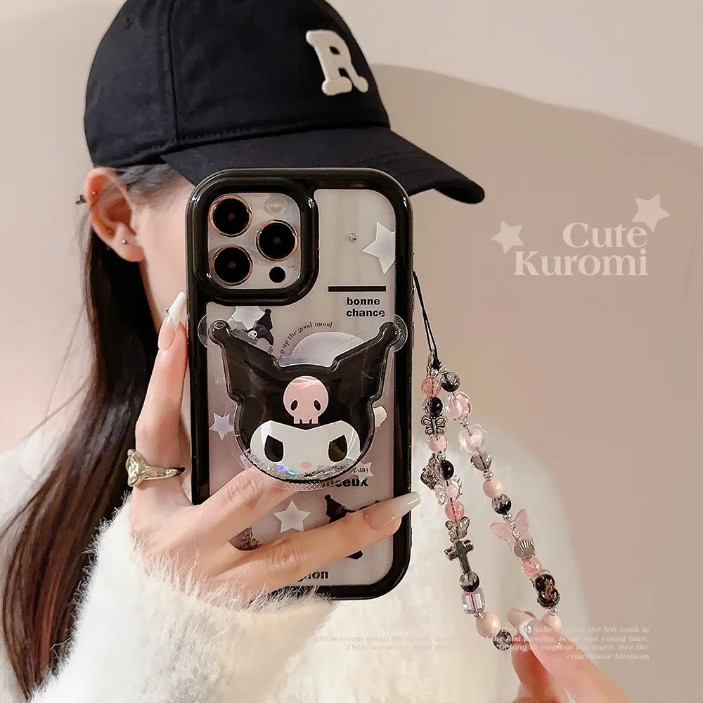 Cute Cartoon Anime Role Kulomi Bracket Phone Cases for IPhone 11 12 13 14 15 Pro Max Soft Anti-fall Protect Cover with Lanyard