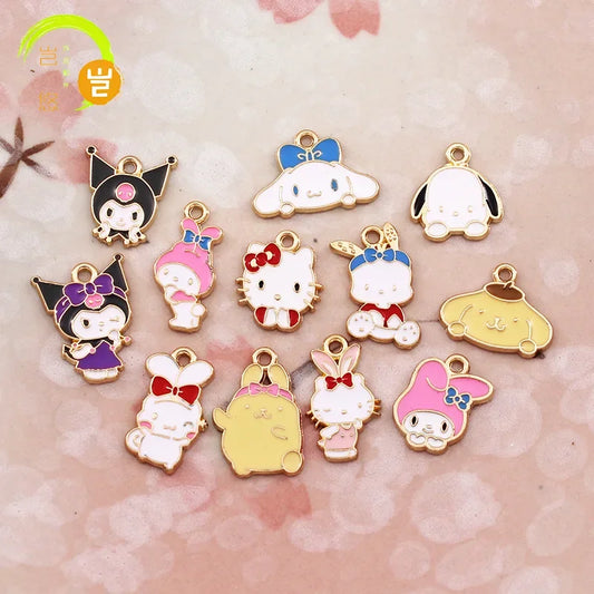 10PCS Accessories Korean Cartoon Kawaii Hello Kitty Kuromi Mymelody Diy Handmade Jewelry Cute Alloy Drip Oil Pendant