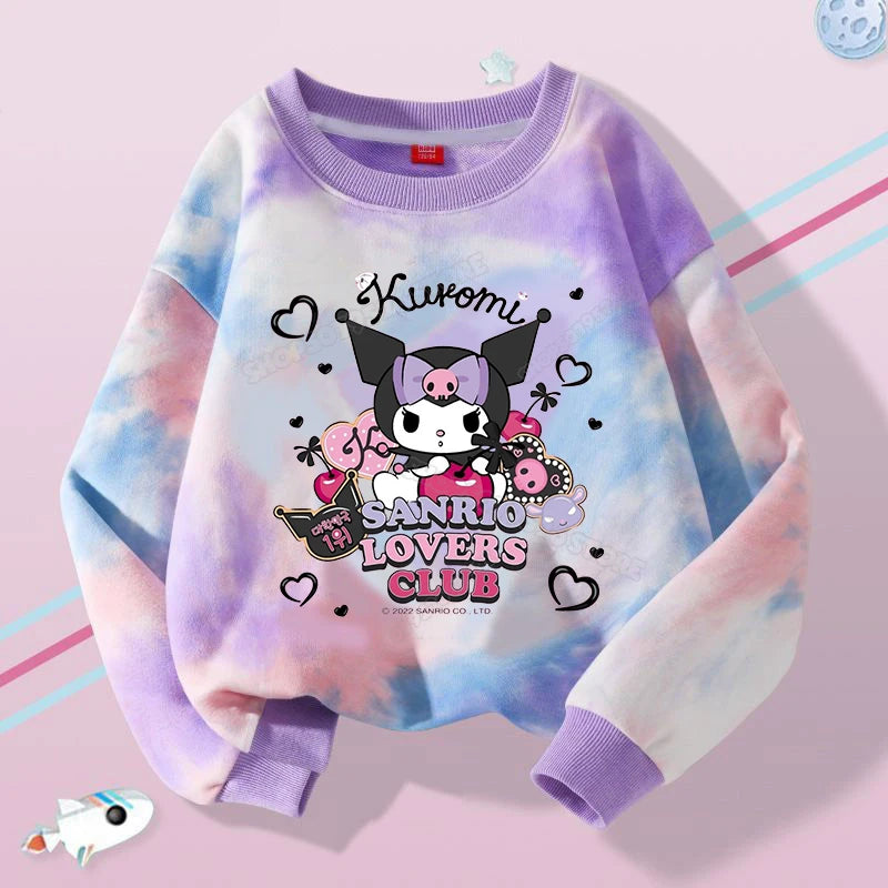 Hello Kitty Kuromi Cute Print Sweatshirts Girl Clothes Autumn Trend Tie Dyed Round Neck Pattern Children Pullover Long Sleeves