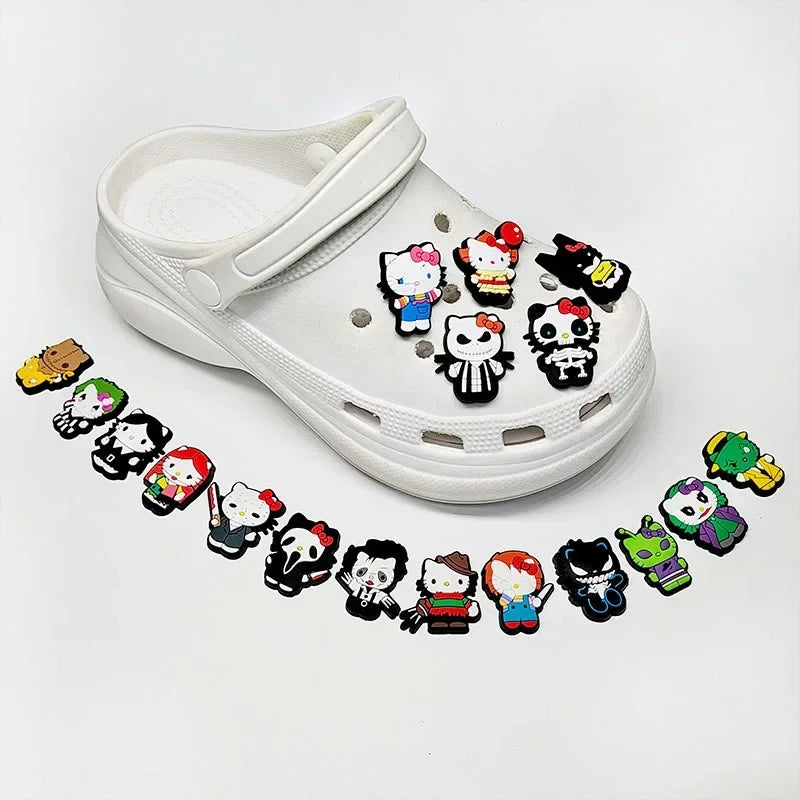 18pcs Halloween Hello Kitty Shoe Charms PVC Shoes Accessories Decorations Buckle for Clog Sandal Kids Party Xmas Gifts