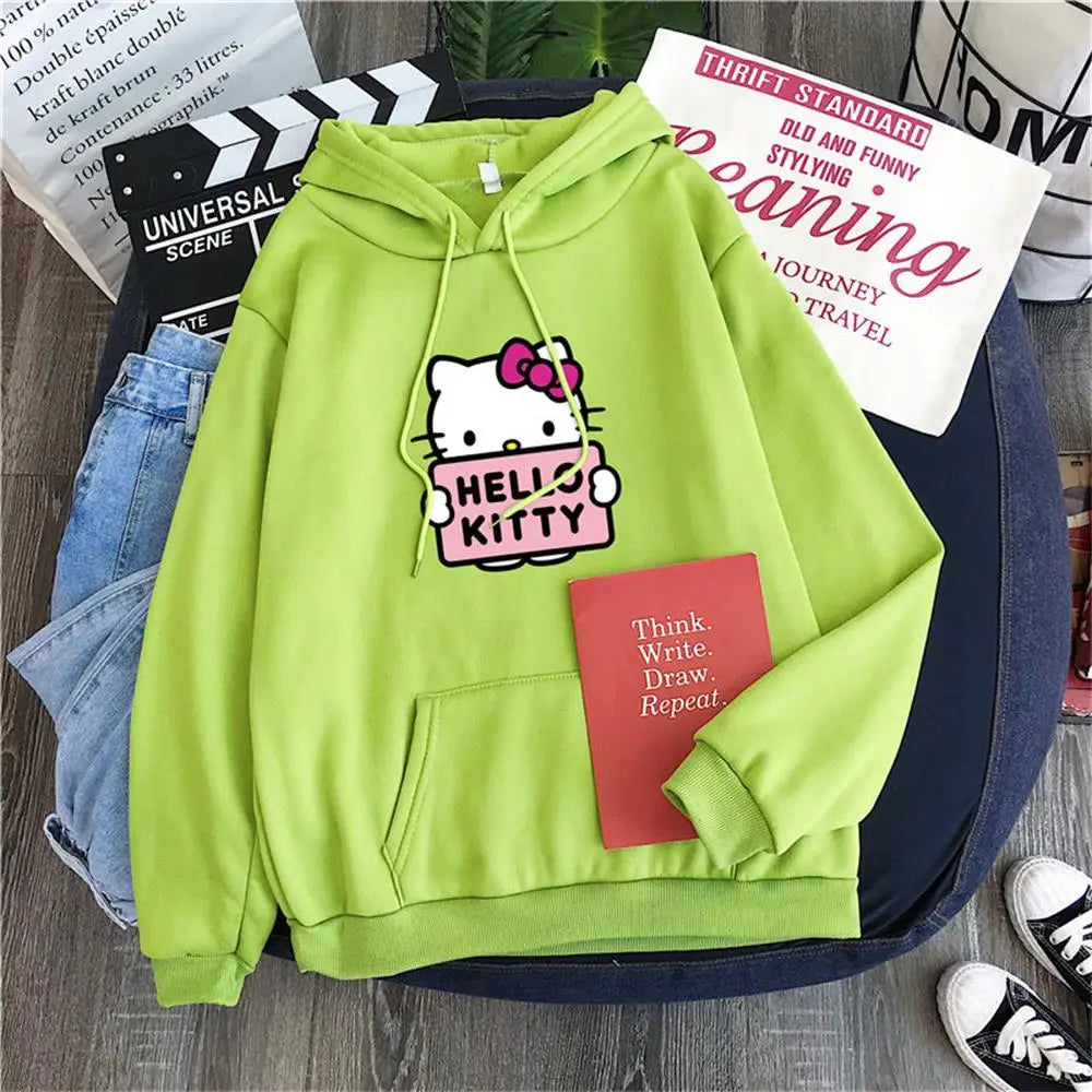 2025 New Casual Women's Sweatshirts Hello Kitty Kawaii Tops for Women Cute Hoodies Fashion Harajuku Long Sleeves Plus Siz