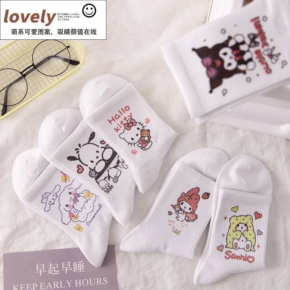 Cartoon Hello Kittys Kuromi Socks Ins Girl's Heart Kawaii Warm and Versatile Four Seasons Medium Socks Gifts