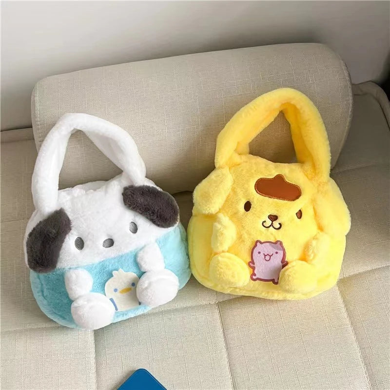 Kawaii Kuromi Cinnamoroll Hello Kitty My Melody Soft Plush Tote Bag Anime Pompom Purin Pochacco Handbag Storage Bag Girls