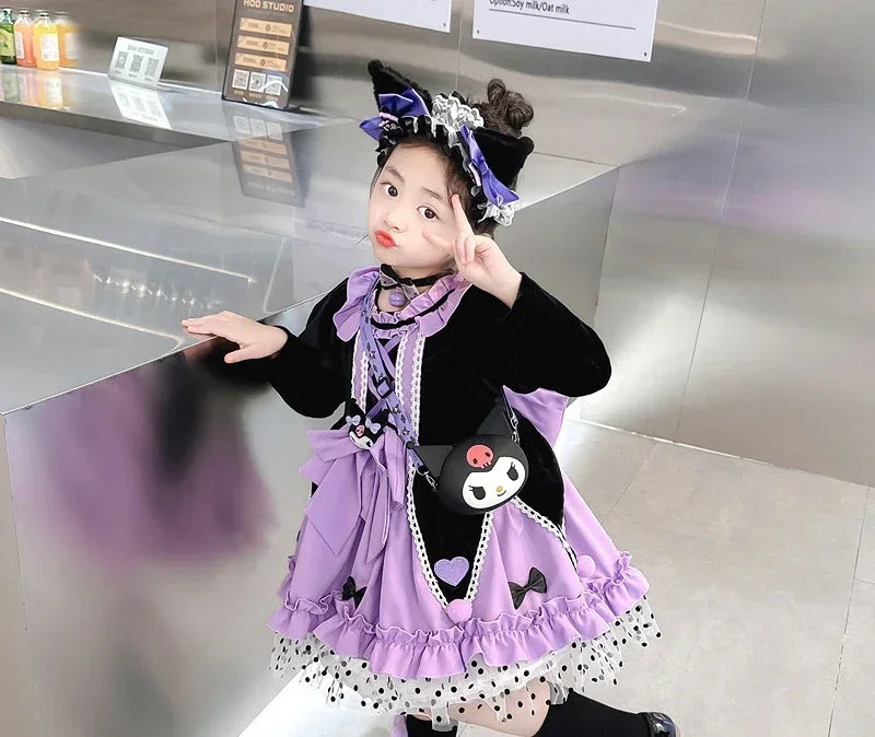 Anime Hello Kitty Kuromi Children's Dress CosPlay Academy Style Pleated Skirt Girl Princess Clothes Girl  Birthday Gift