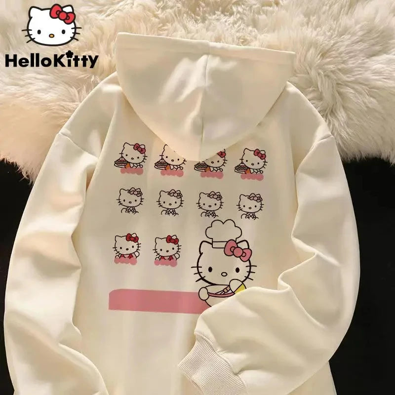 Y2K Women's Sweatshirt Cute Kawaii Hello Kitty Pattern Hoodie Women's Korean Style Autumn and Winter New Warm Loose Top