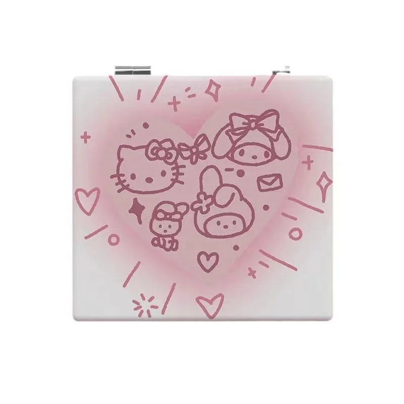 Kawaii Makeup Mirrors Hello Kitty Cartoon Ins Double-sided Mirror Frame PU Leather Cover Carry Folding MiNi Mirror Gift