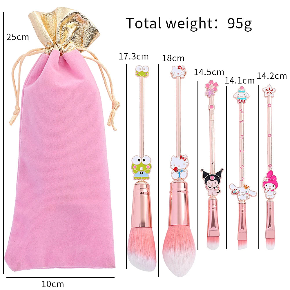 5Pcs/Set Kitty Cat Makeup Brushes Kawaii Cartoon Kuromi Foundation Blending Blush Concealer Eyebrow Powder Brush With Pouch