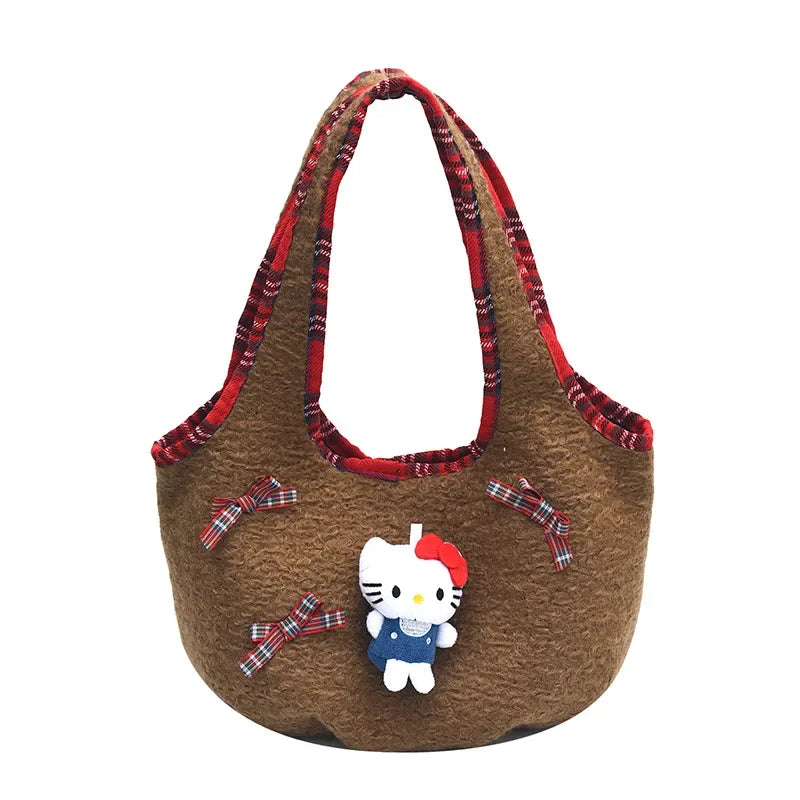 Handheld Hello Kitty Cartoon Bucket Bag for Girls Retro Fashion Trendy Lamb Wool Single Shoulder 2024 Winter New Style Premium