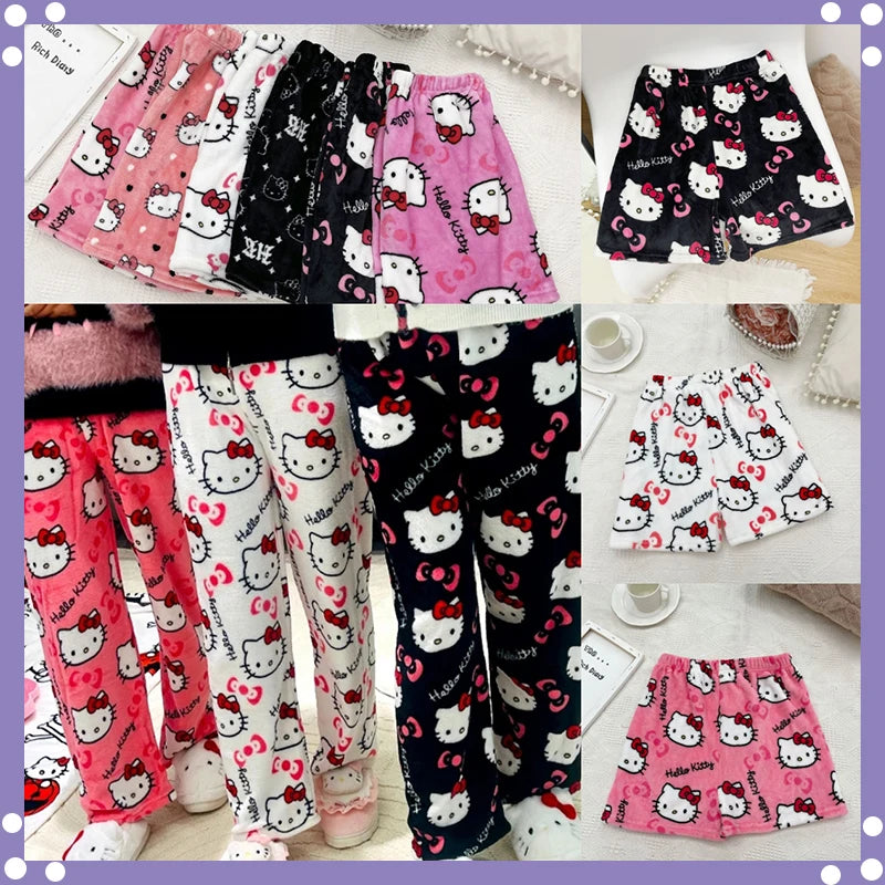 Hello Kitty Anime Y2k Kawaii Flannel Pajamas Women's Warm Woolen Cartoon Casual Home Pants Autumn Winter Fashion Trousers