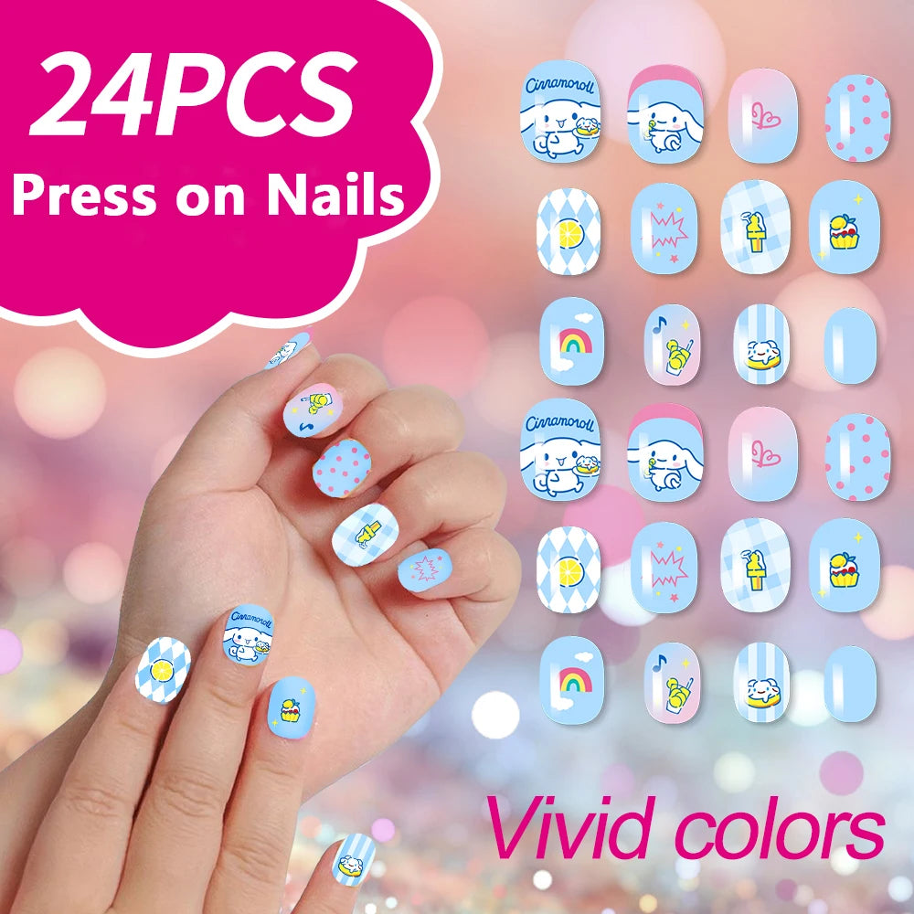 24Pcs Cartoon Hello Kitty Press on Nails Sanrio Series Pink/Blue/Purple Kuromi Kawaii Fake Nail for 6 years+ School Girl