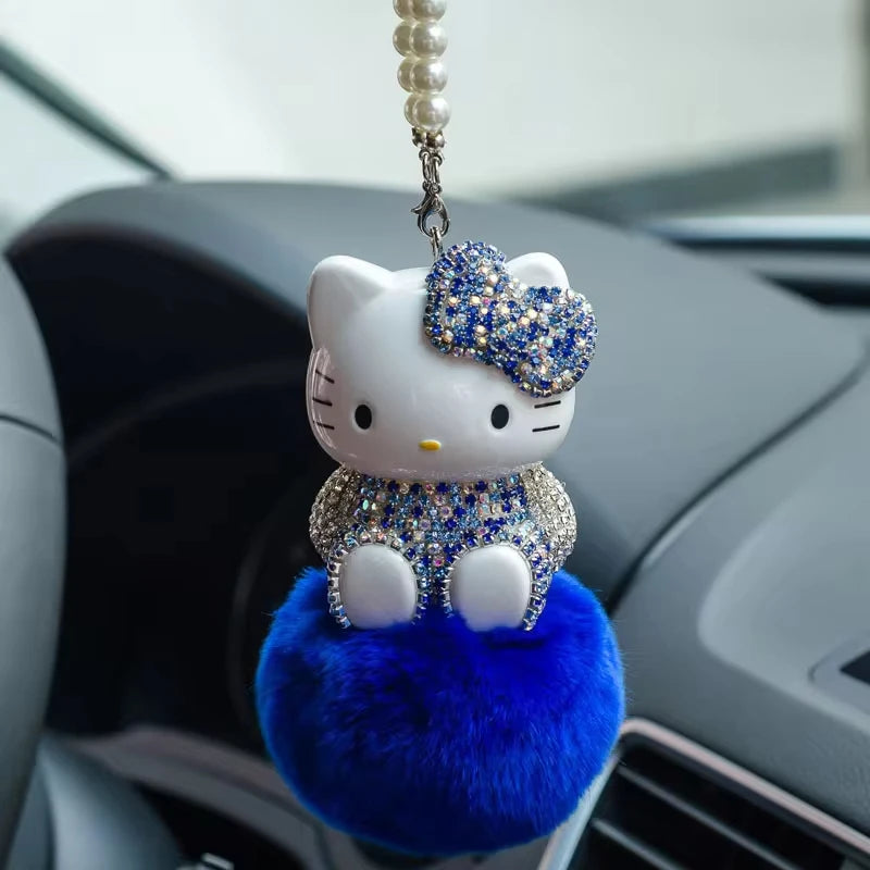 Kawaii Hello Kittys Plush Car Pendant Anime Kt Cat Hairball Diamond Ornaments Rear View Mirror Pendant Car Decor Accessories