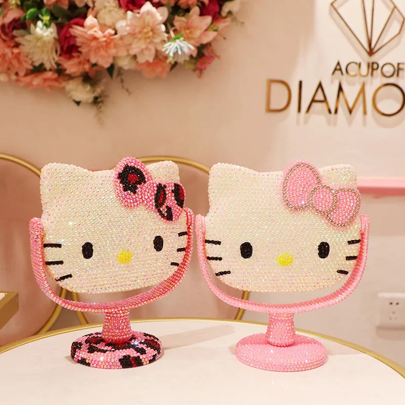 Hello Kitty Vanity Mirror Cartoon Shiny Rhinestones Beauty Handheld Mirror Diamond Pink Girls Flip Girl Gift