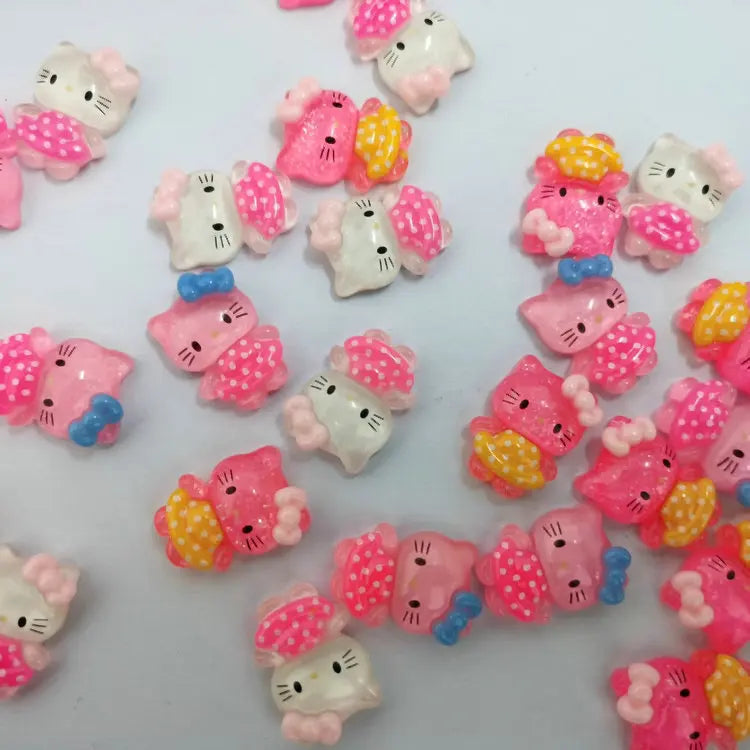 10Pcs Pink Bow Transparent Hello Kitty Nail Charms Accessories Cartoon Resin Flatback DIY Jewelry Decoration