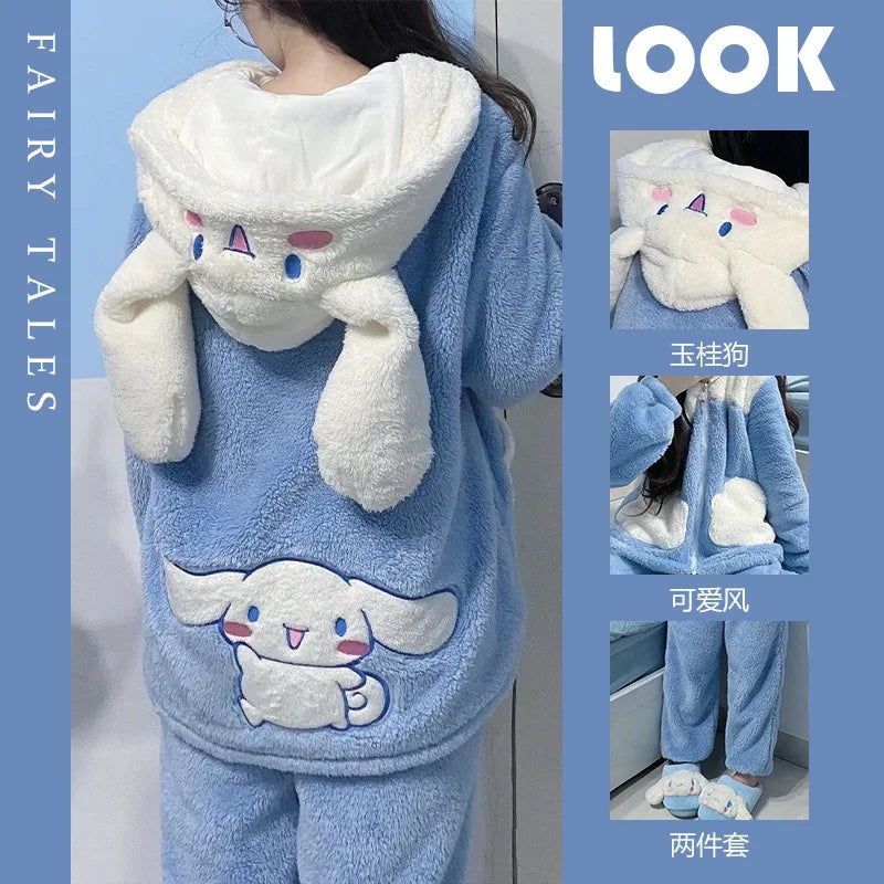 Hello Kitty Kuromi Cartoon Anime Sweet Girl Winter Kawaii Super Soft Thickened 2 Piece Home Pajama Set Holiday Gifts