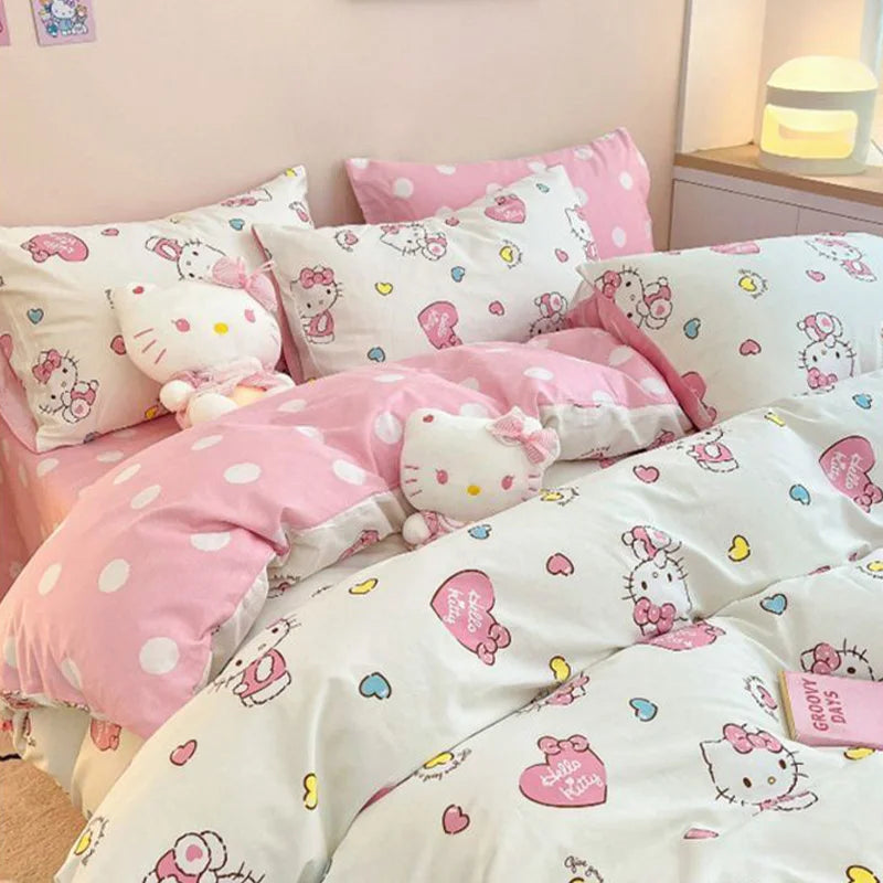 Hello Kitty 4Pcs/set Kawaii Anime Cartoon Bedding Quilt Cover Student Bedding Soft Microfiber Bedspread Lightweight Coverlet