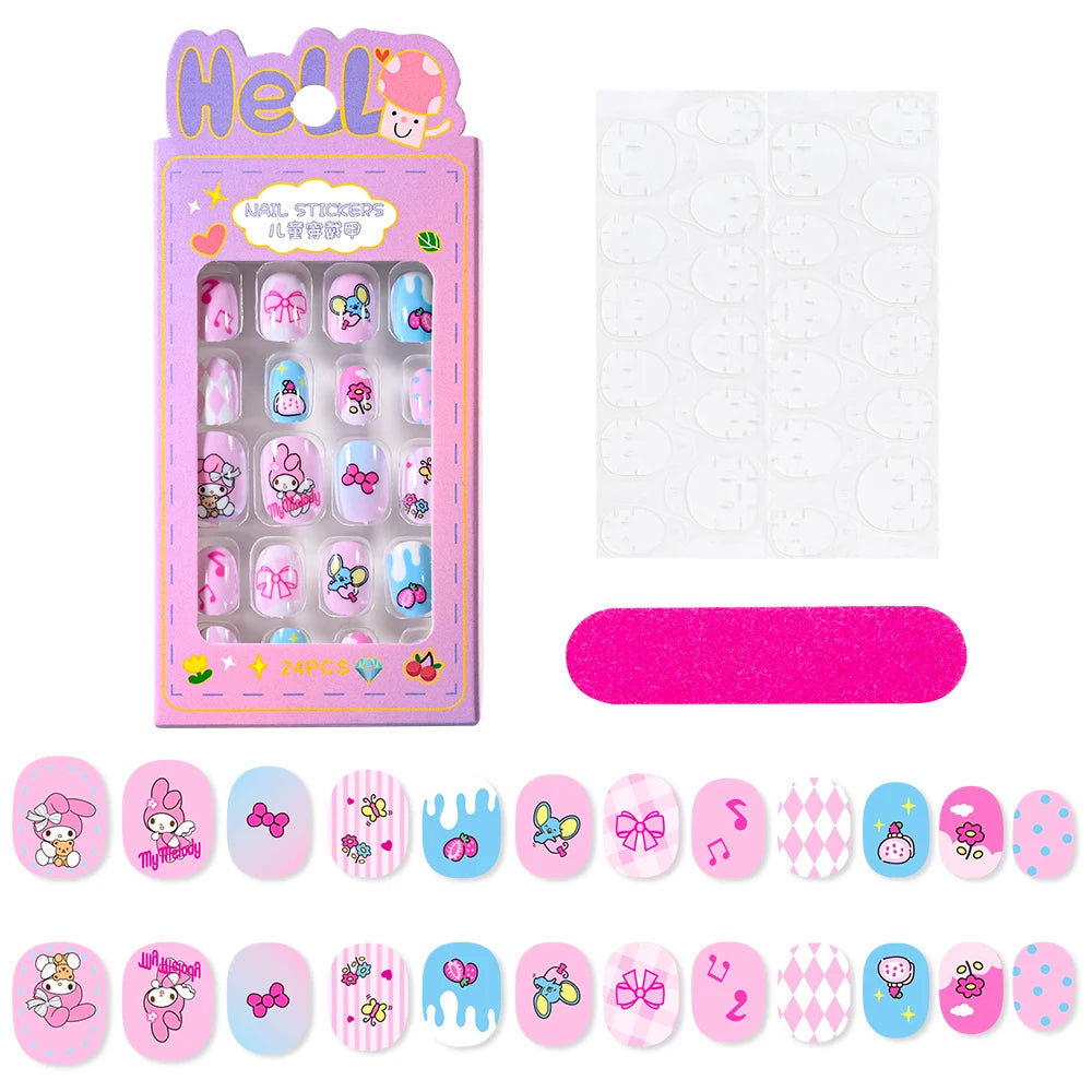 24Pcs Cartoon Hello Kitty Press on Nails Sanrio Series Pink/Blue/Purple Kuromi Kawaii Fake Nail for 6 years+ School Girl