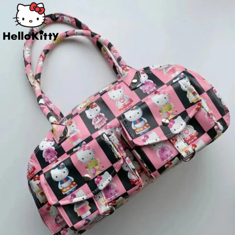 Hello Kitty New Full Printed Fashion PU Bags Y2k Female Cartoon Aesthetic Cute Tote Bag Women Luxury Design Handbags