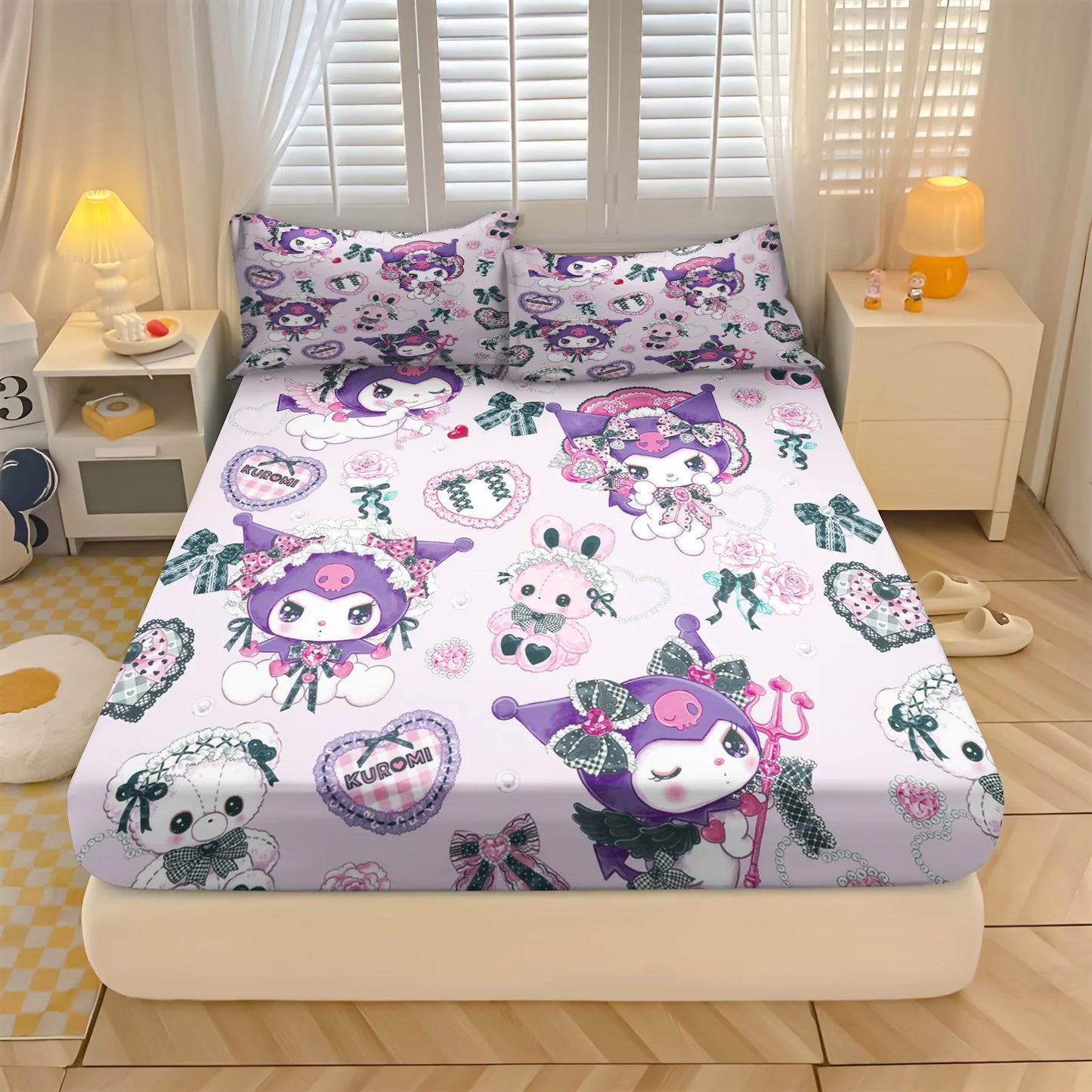 Sanlio, Kuromi Hello kitty 100% Polyester With Pillowcas Bedding Set  Fitted Sheet Bed Cover Full 3D Printed Children'S