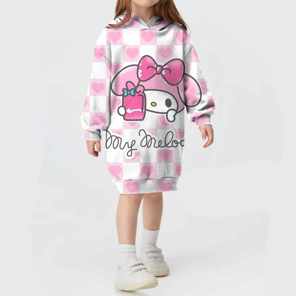 Winter Autumn Kids Girl Dress Hooded Children's Clothing Hello Kitty Kuromi print Loose Dress Long Sleeve Toddler Girl Outerwear