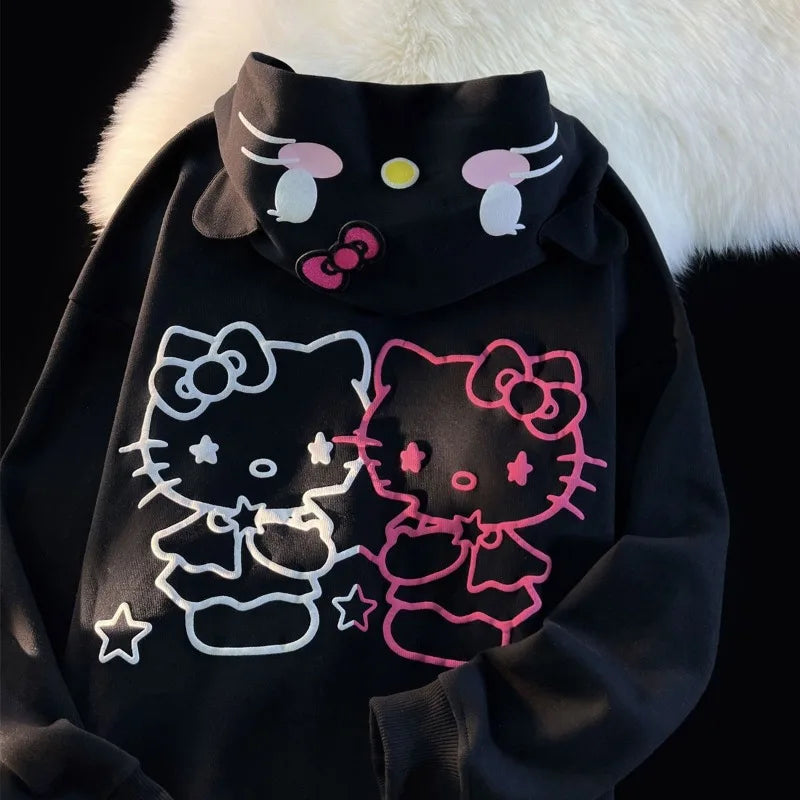 Cute Hello Kitty Cardigan Coat Female Loose Student Oversized Hoodie Gothic Zip Up Hoodie Kawaii Clothes Y2k Sweatshirts