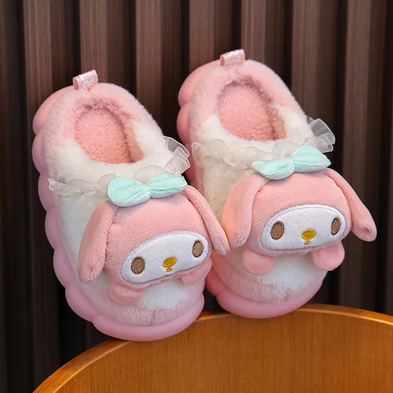 Sweet Family Winter Warm Slippers Cute Kawaii Sandals Kuromi My Melody Hello Kitty Soft Sole Shoes