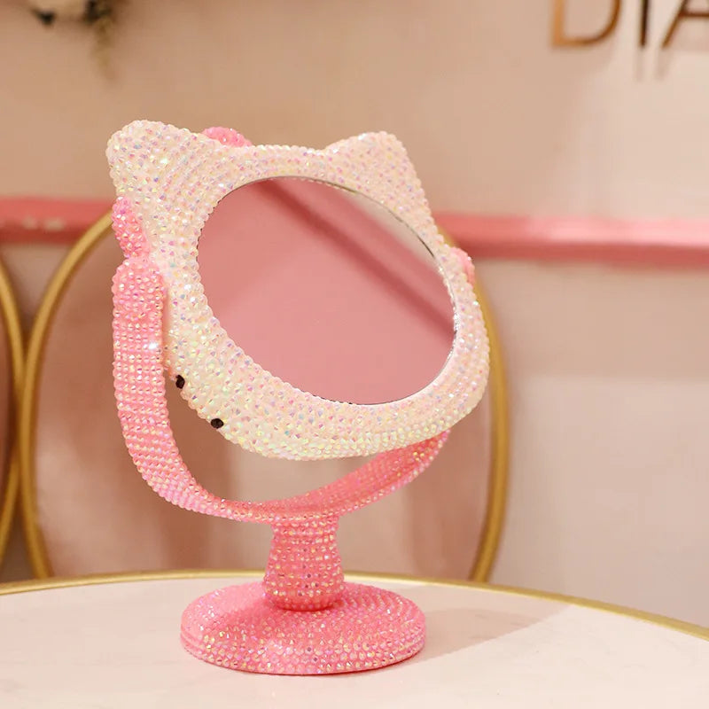 Hello Kitty Vanity Mirror Cartoon Shiny Rhinestones Beauty Handheld Mirror Diamond Pink Girls Flip Girl Gift