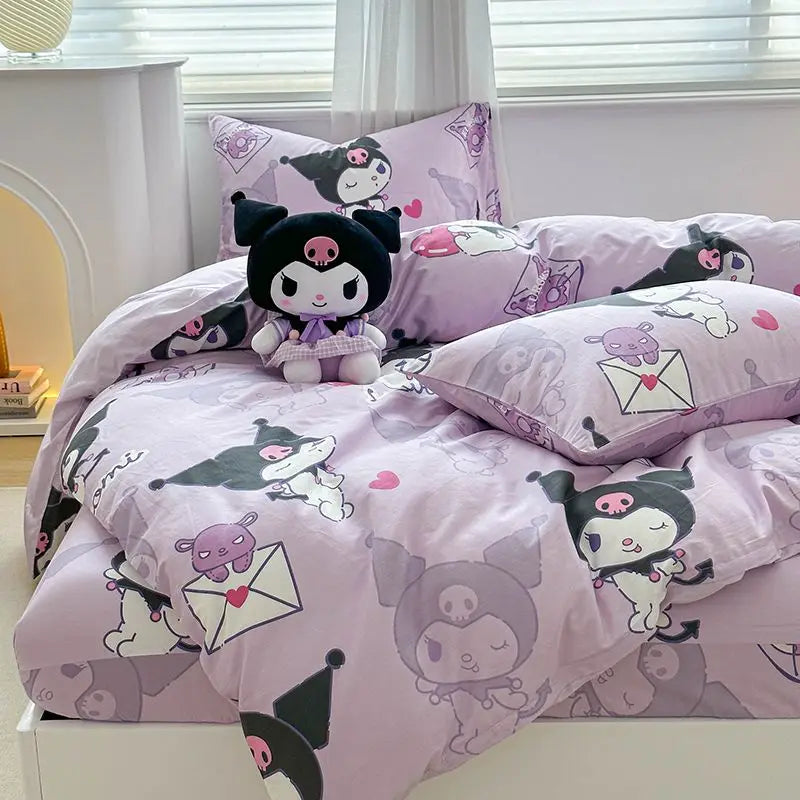 Kuromi Cinnamoroll My melody Hello Kitty Fashion Simple Cartoon Print Pure Cotton Bed Sheets and Quilt Covers Three Piece Set