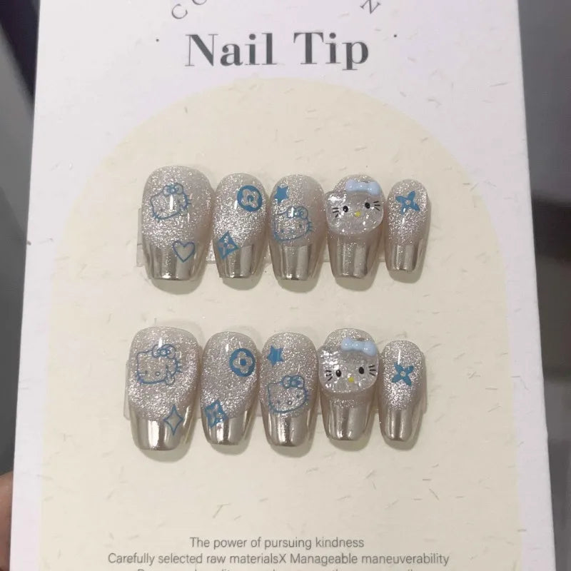 Original Handmade Mirror Hello Kitty y2k press on nails Playful silvery fake nails cute Sanrio cartoon Anime false nails