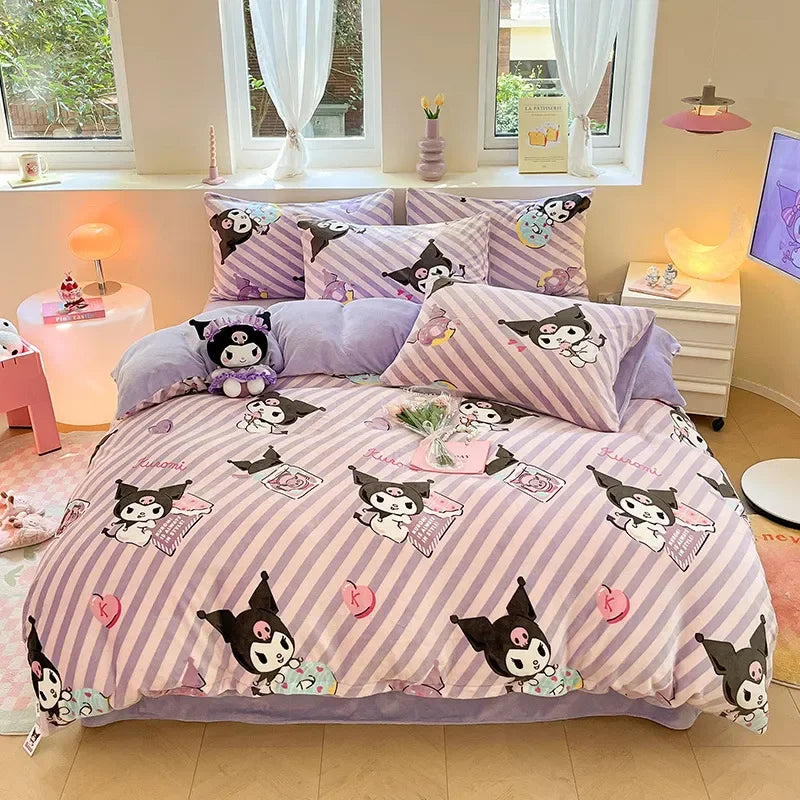 Winter Milk Velvet Bedding Set Hello Kitty Melody Kuromi Thickening Warm Flannel Queen Duvet Cover Bed Sheet Pillowcase