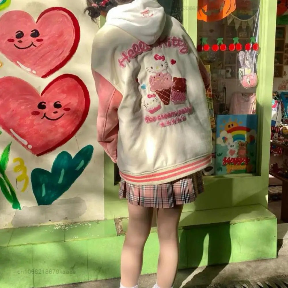 Y2K Anime Hello Kitty Jacket Baseball Uniform Sanrioed Couple Outfit Spring Winter Cute Coat Tops Casual Vintage Loose Leisure