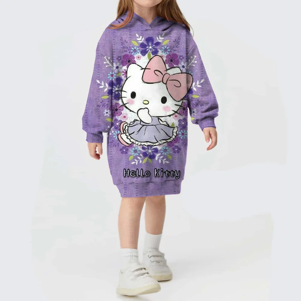 Girls Hooded Dress for Autumn Winter Kids Hello Kitty Kuromi print Dress Girl Striped Long Sleeve Clothes Kids Hoodies Dresses