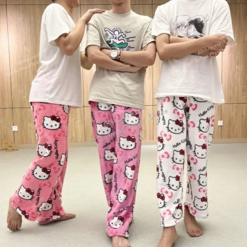 2024 Sanrio Hello Kitty Pajamas Halloween Flannel Fashion Trouserswomen Kawaii Woolen Anime Cartoon Casual Home Pants Autumn