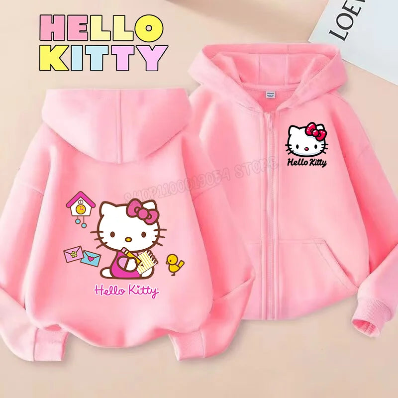 Hello Kitty Zipper Hoodies Girls Sweatshirt Autumn and Winter Long Sleeve Harajuku Pullovers Casual Hooded Tops Birthday Gift