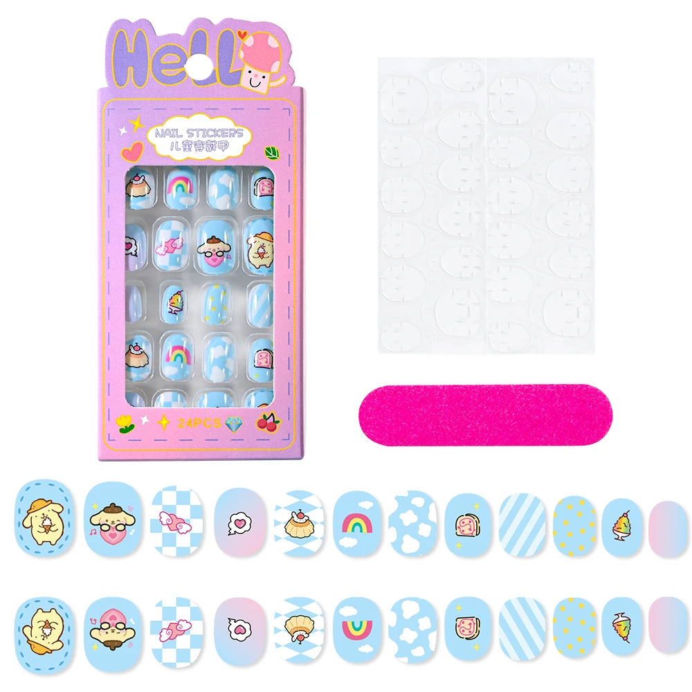 24Pcs Cartoon Hello Kitty Press on Nails Sanrio Series Pink/Blue/Purple Kuromi Kawaii Fake Nail for 6 years+ School Girl