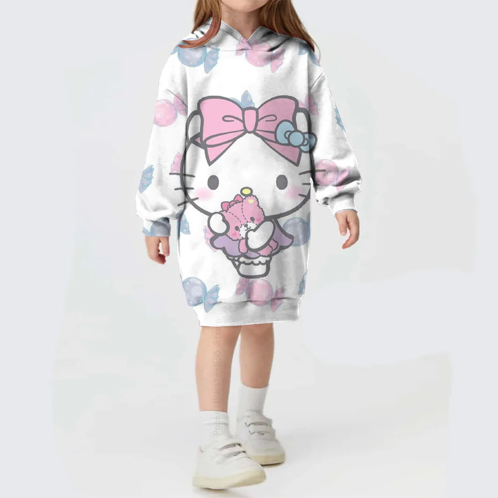 Girls Hooded Dress for Autumn Winter Kids Hello Kitty Kuromi print Dress Girl Striped Long Sleeve Clothes Kids Hoodies Dresses