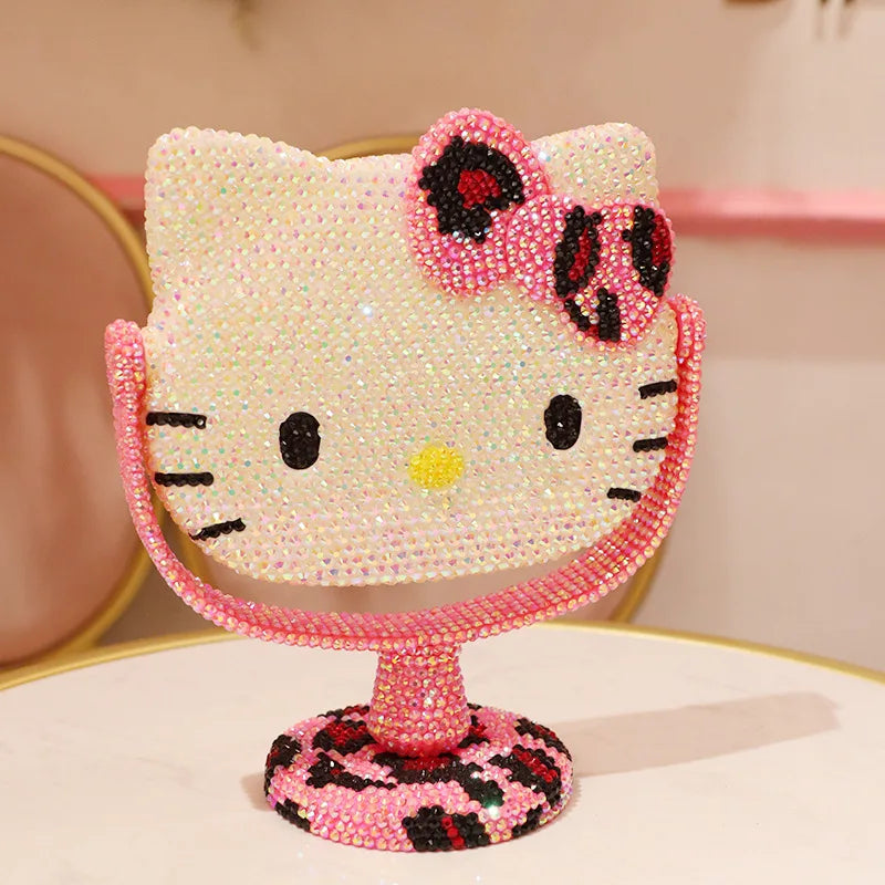 Hello Kitty Vanity Mirror Cartoon Shiny Rhinestones Beauty Handheld Mirror Diamond Pink Girls Flip Girl Gift