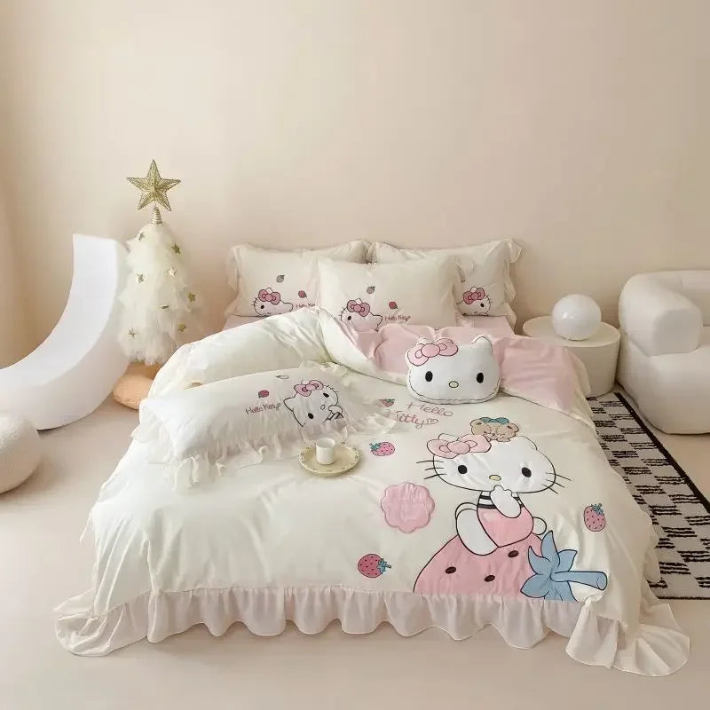 Hello Kitty Anime Kawaii MINISO Cotton Bed Sheet 4-piece Set Kt Cat Cartoon Cute Embroidery Quilt Set Bed Decoration Gifts Toys