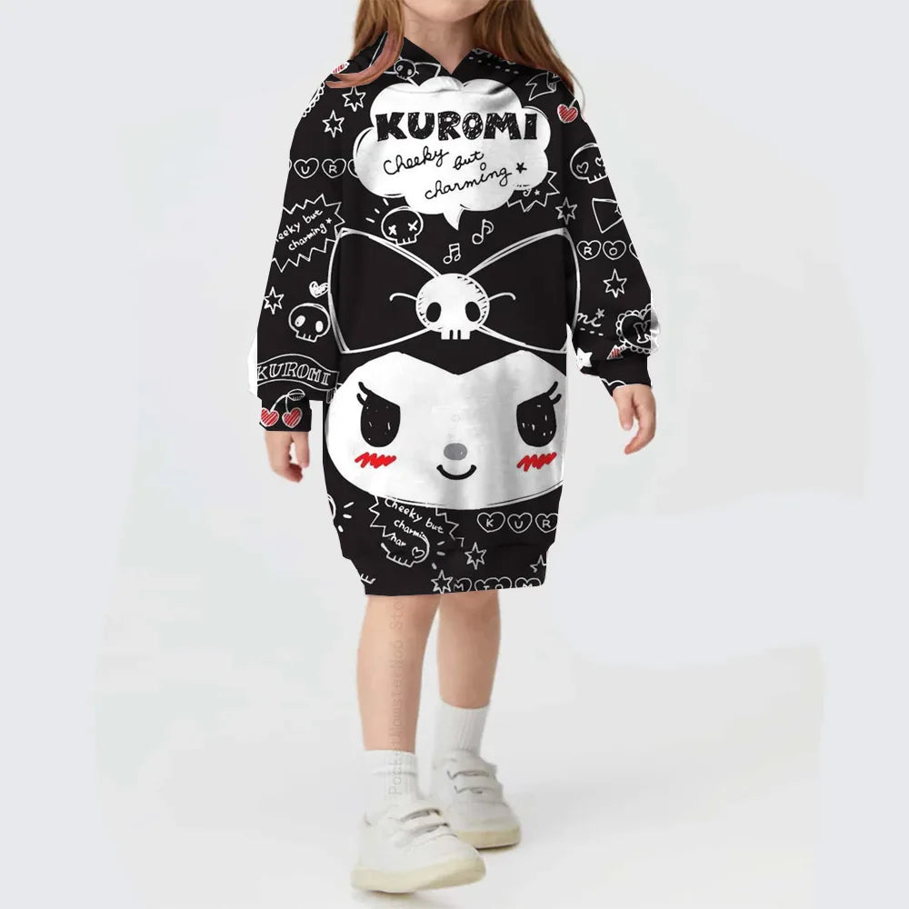 Toddler Kids Hello Kitty Kuromi print Hoodies Dresses for Girls Loose Casual Long Dress Infant Children O Neck Outfits Dress