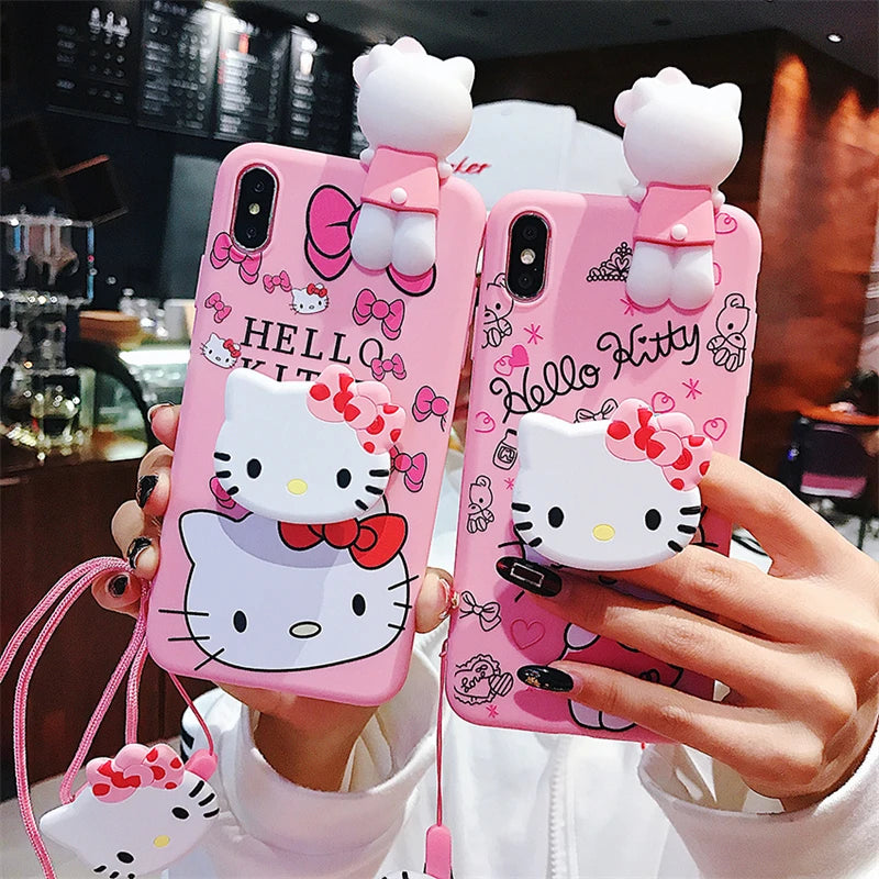 3D Hello Kitty Phone Holder Cartoon Case For iPhone 16 15 14 Plus 13 12 11 Pro Max Mini Toy With Strap Rope Lanyard Cover