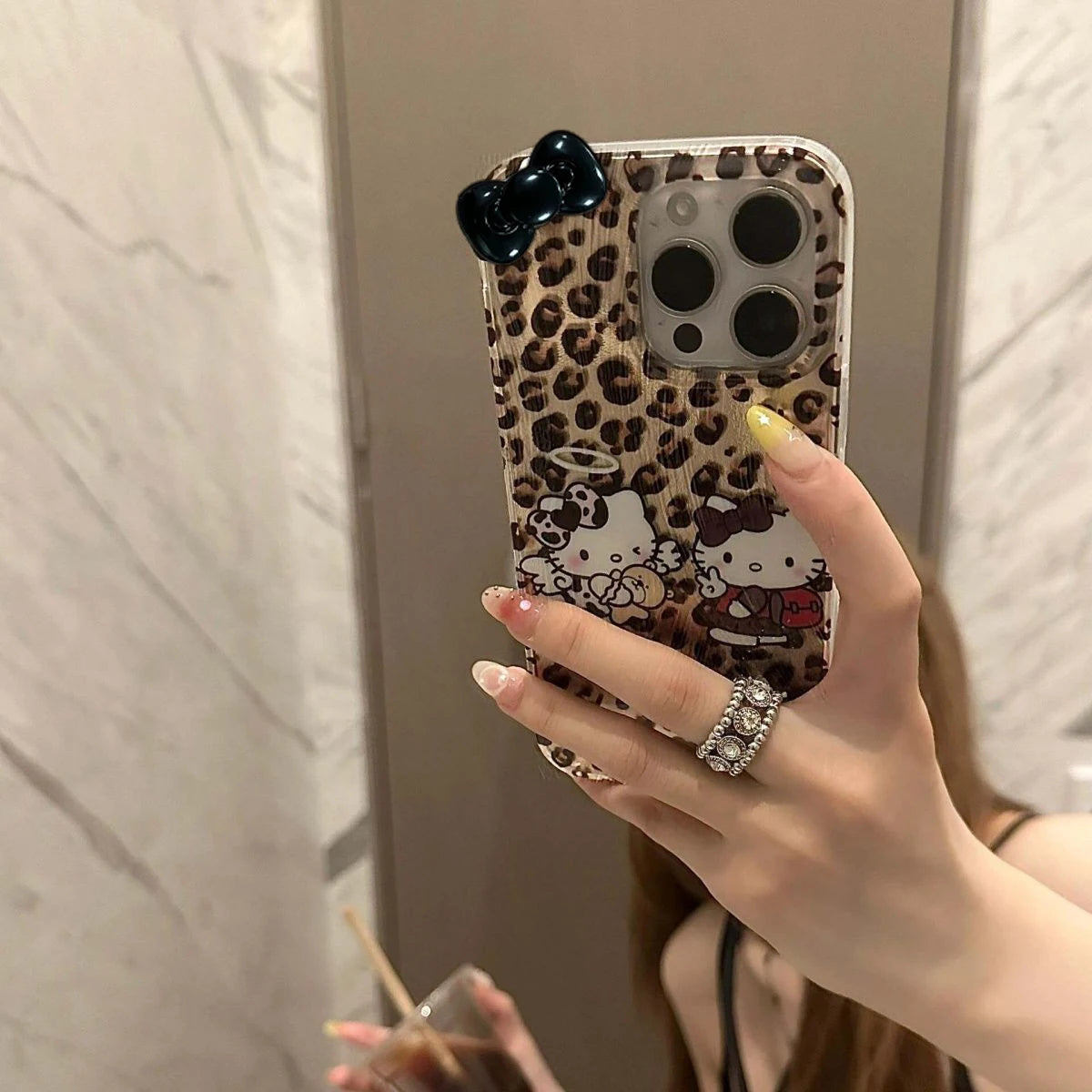 Fashion Leopard Print Hello Kitty Two KT Cat For iPhone 16 15 14 13 12 11 Pro Max XR XS 8 Plus Soft Anti Drop Silicone Cover Y2k