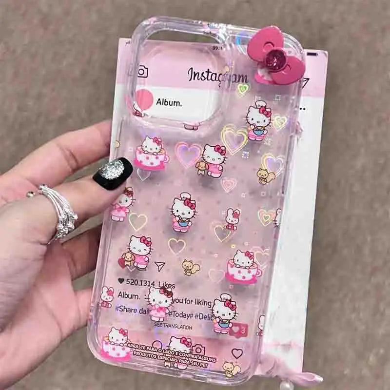 Hello Kitty Full Screen KT Phone Case For iPhone 15 14 13 12 11 ProMax XR XS MAX 7 8 Plus Y2K Girl Cute Anti Fall Back Cover