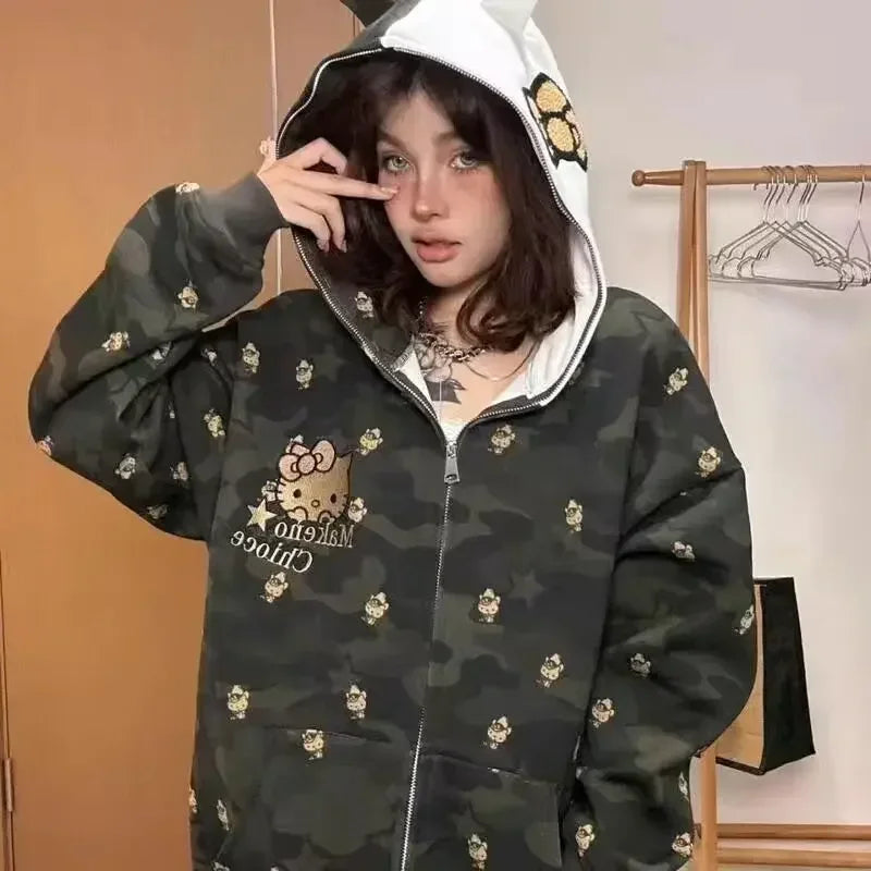 Streetwear Women Original Hello Kitty Zip Hoodie Girl Loose Campus Couple Cardigan Coat Y2k Clothes Oversized Sweatshirt