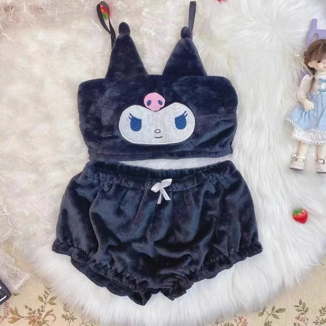 Kawaii Anime Kuromi Pajamas My Melody Pompom Purin Hello Kitty Winter Warm Plush Tube Top Priming Loungewear Suit Holiday Gifts