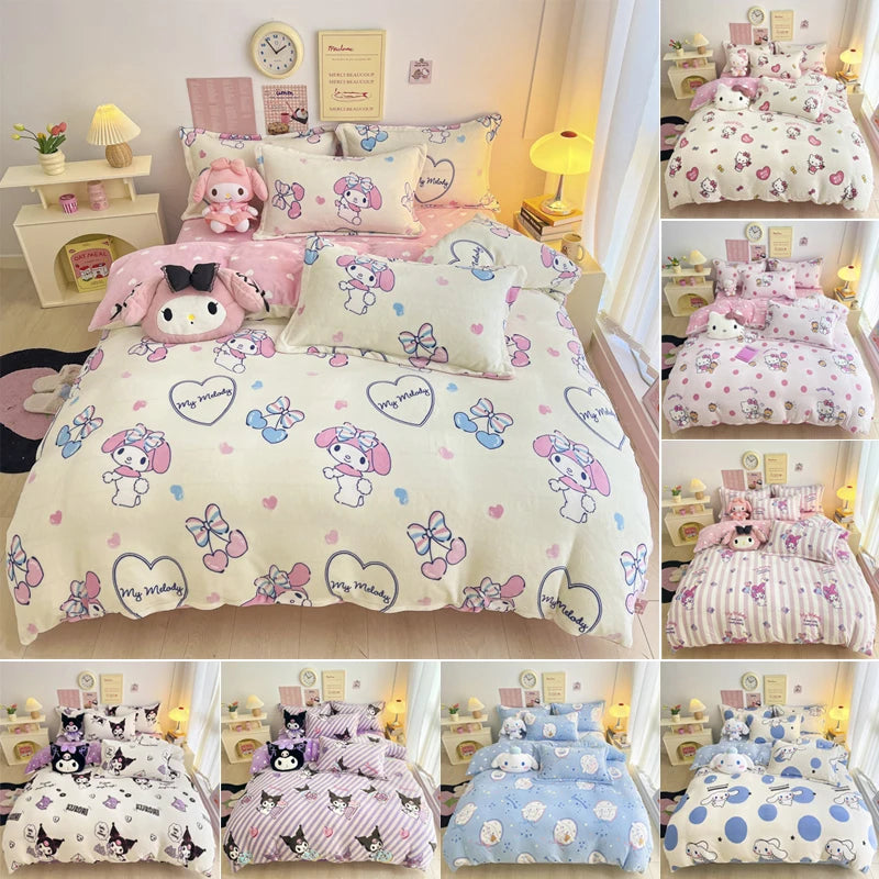 Double Sided Velvet Bedding Set Melody Kuromi Hello Kitty Winter Flannel Single Double Queen King Quilt Cover Bed Sheet