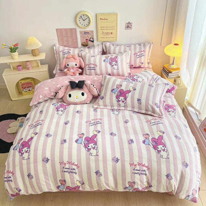 Double Sided Velvet Bedding Set Melody Kuromi Hello Kitty Winter Flannel Single Double Queen King Quilt Cover Bed Sheet