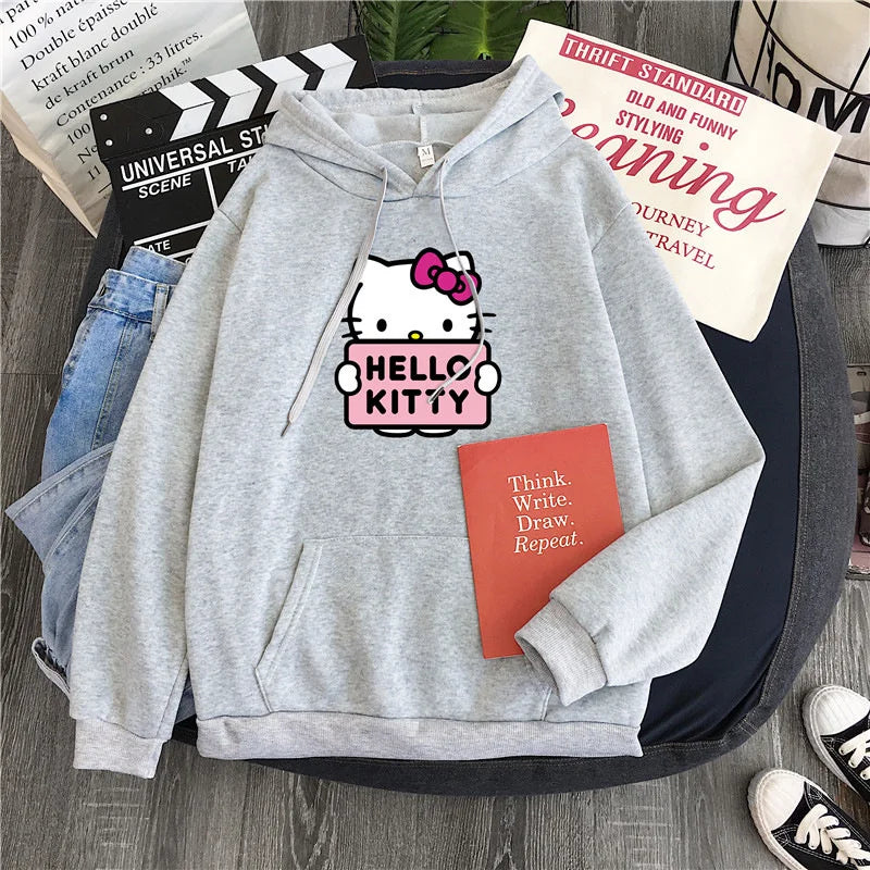 2025 New Casual Women's Sweatshirts Hello Kitty Kawaii Tops for Women Cute Hoodies Fashion Harajuku Long Sleeves Plus Siz