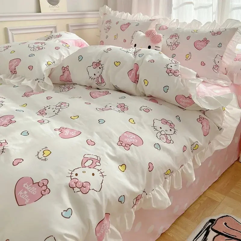 Hello Kitty Cinnamoroll My melody Kuromi new cute cartoon active printing pure cotton edge quilt cover bed sheet three-piece set