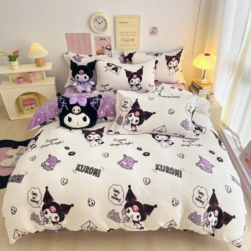 Double Sided Velvet Bedding Set Melody Kuromi Hello Kitty Winter Flannel Single Double Queen King Quilt Cover Bed Sheet