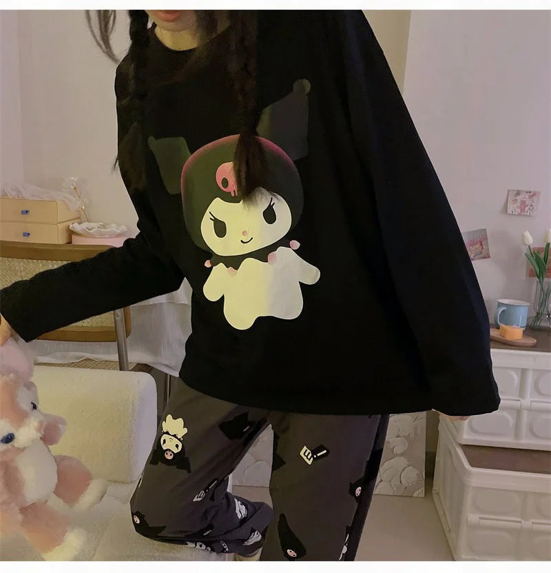 Kawaii Hello Kitty Cosplay Clothes Kuromi Korean Autumn Two Piece Pajamas Soft Home Wear Outgoing Girl